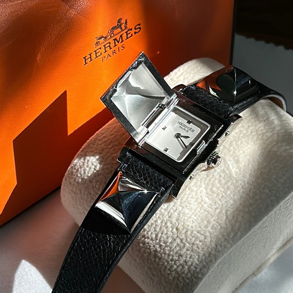 Hermes Medor Stainless Steel Black Leather Small Watch